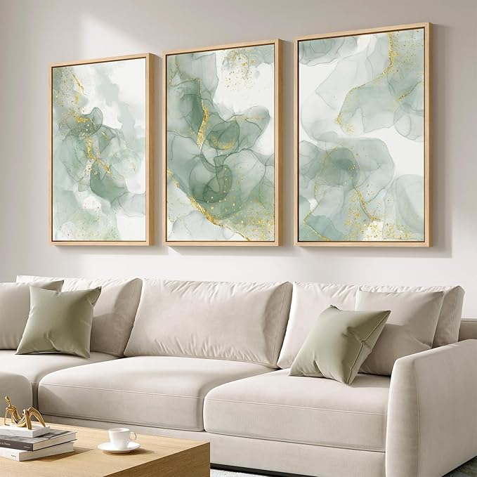 Large Framed Sage Green Abstract Wall Art for Living Room, 3 Piece Green and Gold Canvas Prints Paintings Artwork for Walls, Modern Minimalist Pictures for Hallway Stair Office Wall Decor 24x36 In-Ruum Studio Home