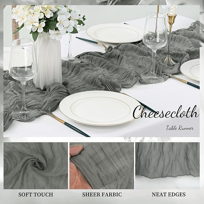 12 Pack Gray 10FT Cheesecloth Table Runner Rustic Gauze Fabric Cheese Cloth Table Runner for Wedding Bridal Baby Shower Table Decor 20 x 120 Inch Long Boho Sheer Birthday Party Table Decorations-Ruum Studio Home