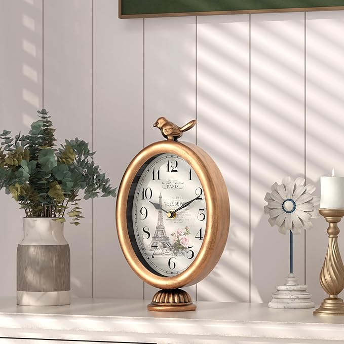 Vintage Table Clock with Bird, Desk and Shelf Decor Clock, French Paris Style, Antique Gold Metal Mantel Clocks for Living Room, Farmhouse, Bedroom, Bedside, Gift (10" H x 5.9" W)-Ruum Studio Home