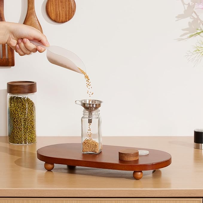 Yangbaga 34Pcs Glass Spice Jars with Labels-4oz Acacia Wood Lid Square Spice Containers with Pepper Grinder Lids &Funnel,Seasoning Jars for Rack Cabinet Drawer-Ruum Studio Home