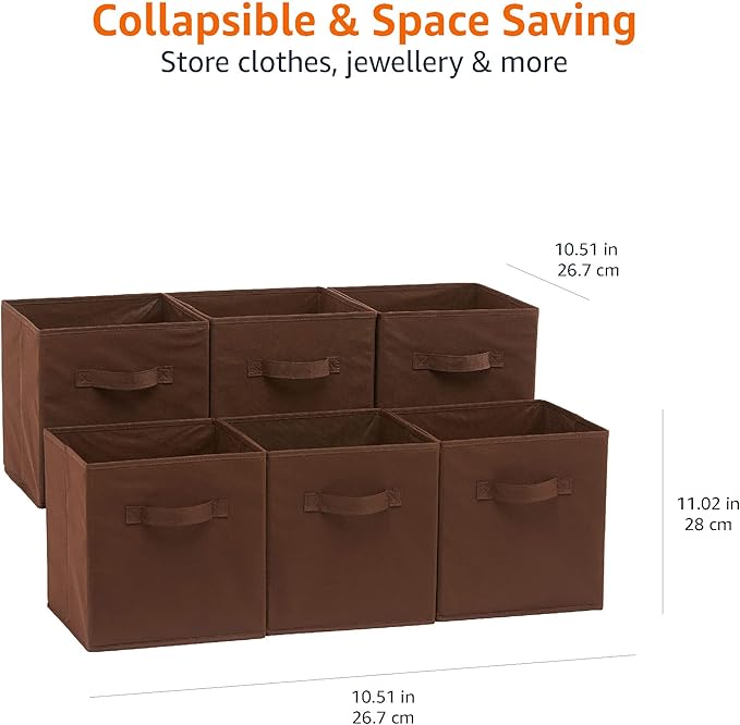 Amazon Basics Cube Organizer Storage Bins Handles, Collapsible Fabric, Pack of 6, 10.5"x10.5"x11", Brown-Ruum Studio Home