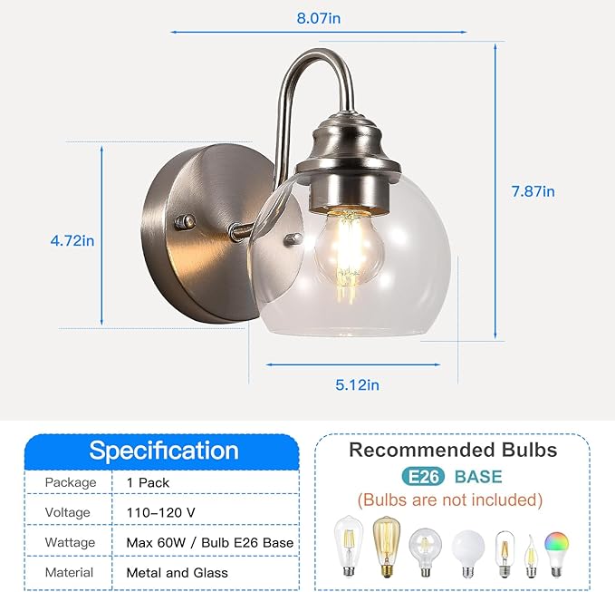 Farmhouse Gooseneck Wall Sconces Set of Two, Bathroom Brushed Nickel Vanity Light, Modern Indoor Wall Light Fixtures with Clear Glass for Bathroom Beside Mirror Living Room Hallway(Brushed Nickel)-Ruum Studio Home