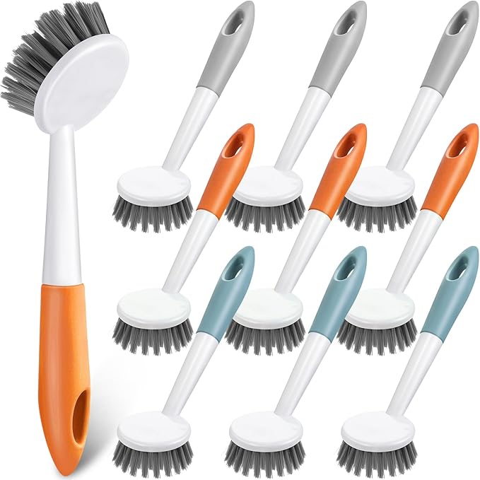Patelai 12 Pack Kitchen Scrub Dish Brush with Long Handle Dish Scrubber with Stiff Bristles Scrub Brushes for Kitchen Dishes Washing Tools, Pots, Pans and Sink Cleaning (Multicolor)-Ruum Studio Home