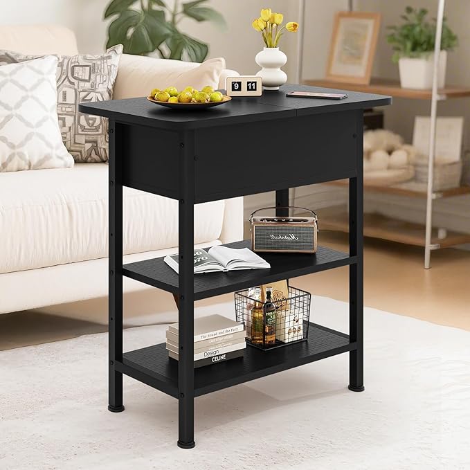 End Table with Charging Station, Flip Top Side Table with USB Ports and Outlets, 3-Tier Small Side Table with Storage for Small Space, End Tables for Living Room/Bedroom, Black-Ruum Studio Home