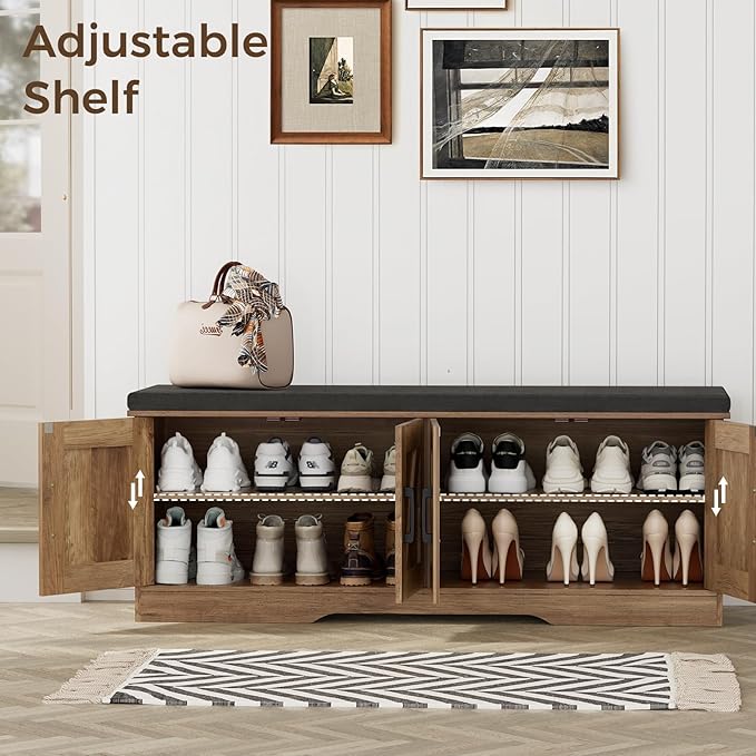 2-Tier Storage Bench, Shoe Bench with Padded Seat Cushion, Entryway Bench with 4 Barn Doors, Adjustable Shelf, 13.8" D x 47.2" W x 17.7" H, for Entryway, Living Room, Bedroom, Rustic Walnut-Ruum Studio Home