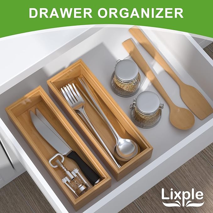 Bamboo Drawer Organizer – Set of 2 Stackable Storage Boxes, Silverware Tray & Small Gadget Holder for Kitchen Drawers, 9" x 3" x 2" (Outer), 8.3" x 2.3" x 1.77" (Inner)-Ruum Studio Home
