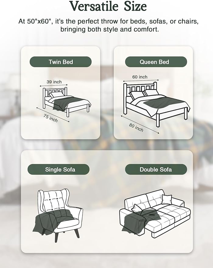 ZonLi Green Plaid Throw Blanket for Couch, Fall Plaid Blanket for Home Decor, Soft Lightweight Cozy All Season Decorative Vintage Blankets with Tassel for Bed and Sofa, 50'' x 60''-Ruum Studio Home