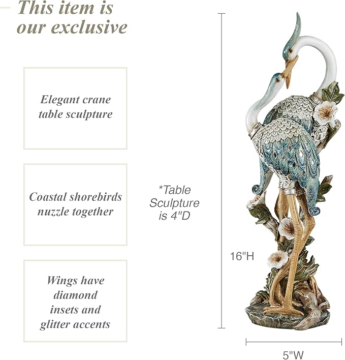 Devoted Cranes Table Sculpture Teal - Made of Resin Coastal Crane Shorebirds - Glitter Accents - Bird Statue - Flowers, Vining Leaves Base - Measures 5 Inches Wide, 16 Inches High-Ruum Studio Home