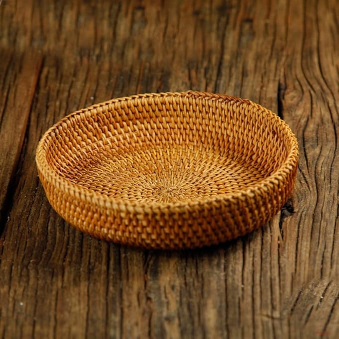 Hadewoven Round Rattan Fruit Basket Wicker Food Tray Weaving Storage Holder Dinning Room Bowl, 7”Decorative Natural Basket Woven Fruit Basket Bowl for Entryway Table, Countertop (Small 7”)-Ruum Studio Home