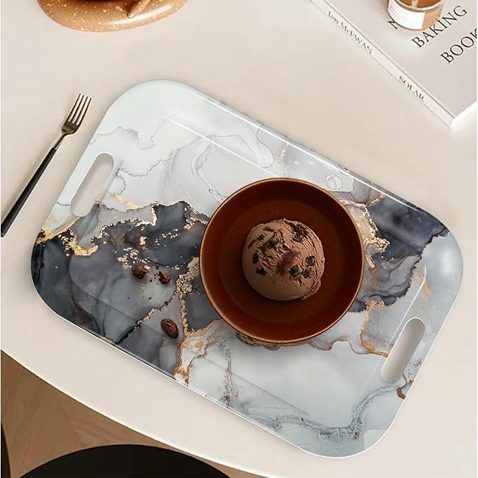 Serving Trays with Handles, 14.5 x 9.8 inch Rectangular Plastic Tray for Restaurant, Kitchen, Gray and Golden Marble-Ruum Studio Home