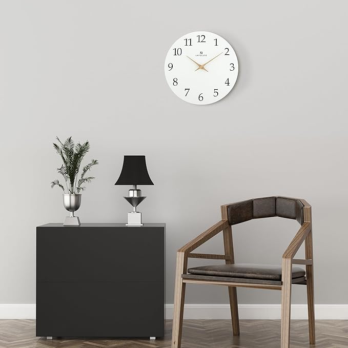 Lafocuse 12 Inch Silent White Wall Clock Battery Operated for Living Room Decor, Simple Minimalist Wooden Wall Clock for Kitchen Bedroom Office-Ruum Studio Home