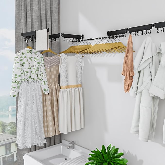 Gezen Clothes Drying Rack, Wall Mounted Drying Rack Clothing Retractable, Foldable Clothes Hanger Rack with 24 Hooks for Laundry Room Organization and Storage, Space Saving, Collapsible, Quad-Fold-Ruum Studio Home