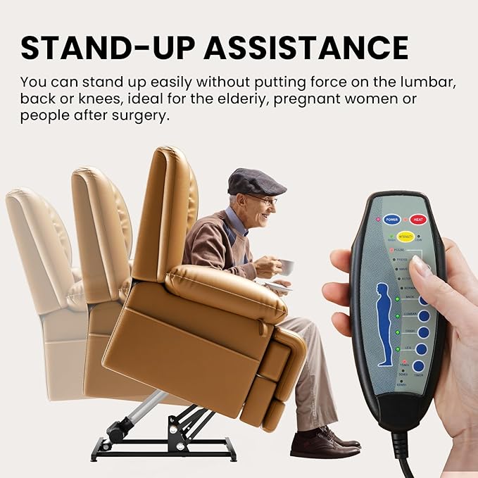Large Dual Motor Power Lift Recliner Chair with Massage and Heat for Elderly People, Infinite Position,USB Ports and Remote Control,Breathable Leather (Light Brown)-Ruum Studio Home
