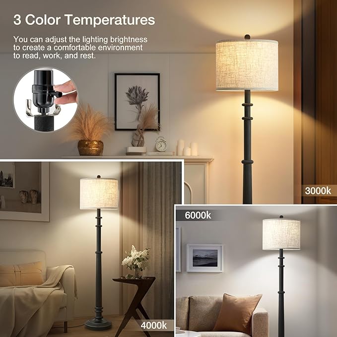 Floor Lamps for Living Room - 60" Resin Farmhouse Floor Lamp with 3 Color Temperatures - Vintage Standing Lamp Reading Light with Linen Shade Retro Tall Lamp for Bedroom Office, Black-Ruum Studio Home