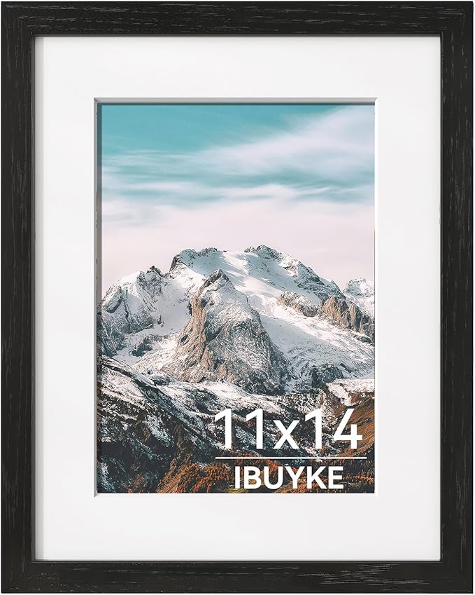 IBUYKE 11 x14 Picture Frame,Solid Oak Wood 11x14 Photo Frame with Mat to 8x10,11x14 Picture Frames With Tempered Glass,Wall Mount Display,Home Decor,Black Oak 14 x 11 Frame,UWPF1114B-Ruum Studio Home