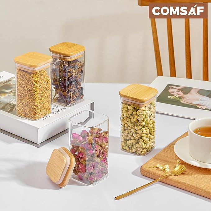 ComSaf 6Pcs 10 oz Large Spice Jars with Label Trial Set, Glass Spice Jars with Bamboo Lids Supplementary Set, Seasoning Container Trial Pack, Perfect for Ktichen Starter-Ruum Studio Home