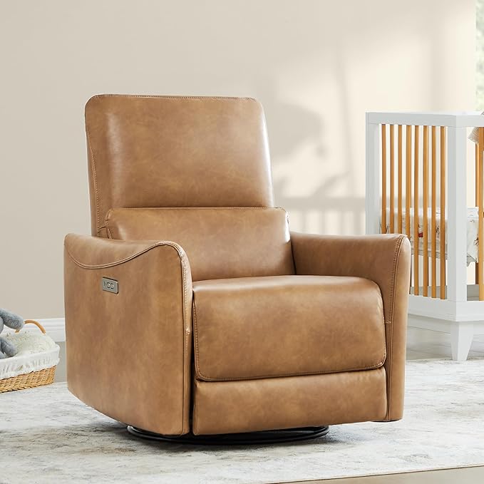 CHITA Power Recliner Chair Swivel Glider, FSC Certified Upholstered Faux Leather Living Room Nursery Reclining Sofa Chair with Lumbar Support, Cognac Brown-Ruum Studio Home