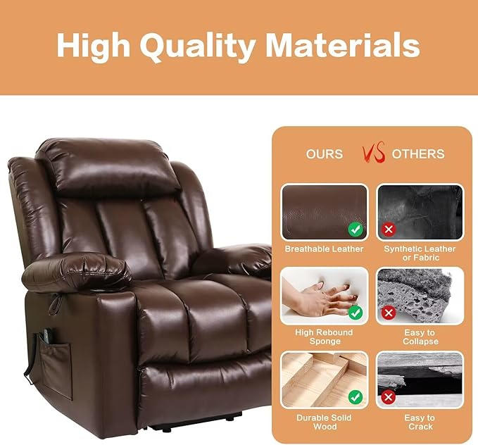 Power Lift Recliner Chair for Elderly Breathable Leather Recliner Chair with Massage and Heat for People Limited Mobility,2 Cup Holders,Electric Stand Assist,USB Ports,Gifts for Family (Brown)-Ruum Studio Home