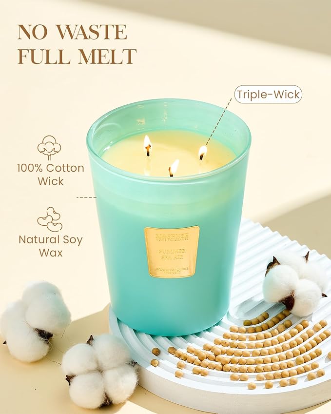 M&SENSE Summer Sea Air Scented Candle, 35 OZ Extra Large 3 Wick Natural Soy Wax Candles 150 Hours Long Lasting Slow Burning, Candles Gift for Spring Home Decor-Ruum Studio Home