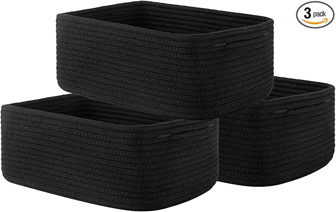 KALLAX Small Woven Basket, 13.5 x 9.5 x 5 Inches, Storage Basket for Organizing, Cute Small Rope Shelf Closet Cube Storage Bins Baskets for Shelves, Dog Toy Gift Baskets Empty, 3 Packs, Black-Ruum Studio Home
