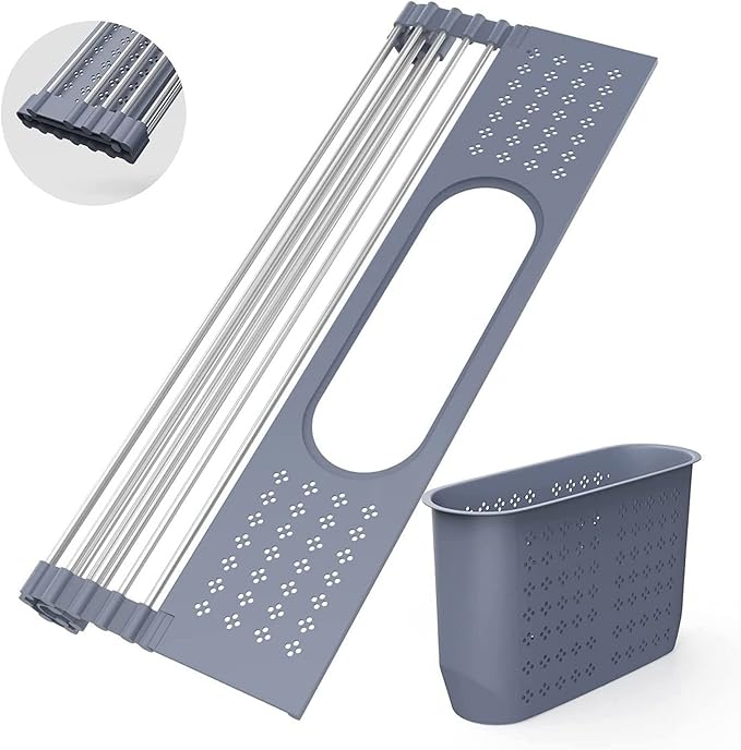 LEMIKKLE Roll Up Dish Drying Rack 17.5" x 15.2" Over The Sink Dish Drying Rack, Multi-Purpose Kitchen Rolling Dish Drainer Foldable SUS 304 Stainless Steel Dish Drying Rack-Ruum Studio Home