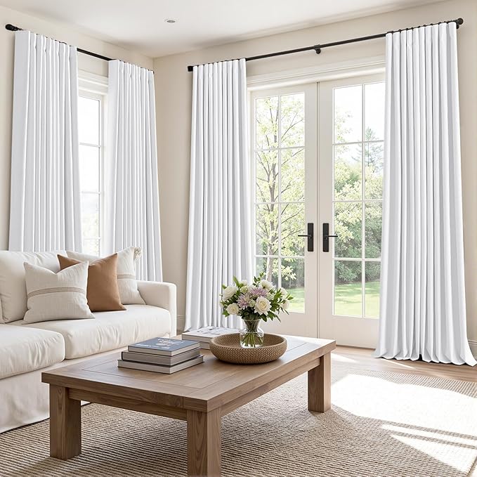 MIULEE 100% Blackout Curtains 90 Inch Long 2 Panels Set for Bedroom, Thick Faux Linen Black Out Curtain Room Darkening Back Tab Pleat Window Textured Drapes with Hooks for Living Room, Bright White-Ruum Studio Home