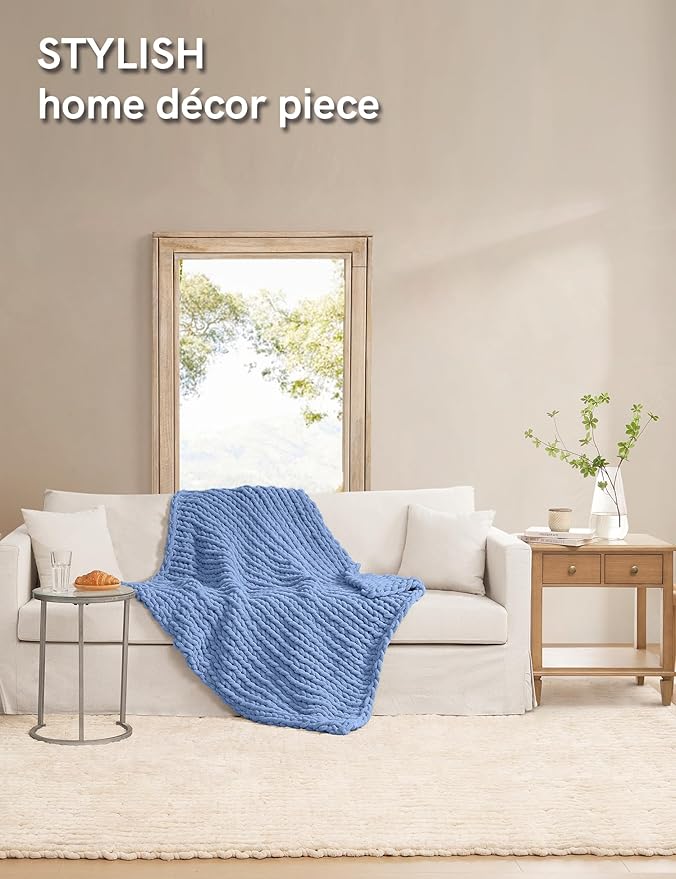 YnM Chunky Throw Blanket, Medium-Weight, Hand Knitted with Chenille Yarn, Skin Friendly, Ventilated and Breathable, Machine Washable, Home Décor Piece for Couch Sofa and Bed (Chambray Blue 30x40 Inch)-Ruum Studio Home