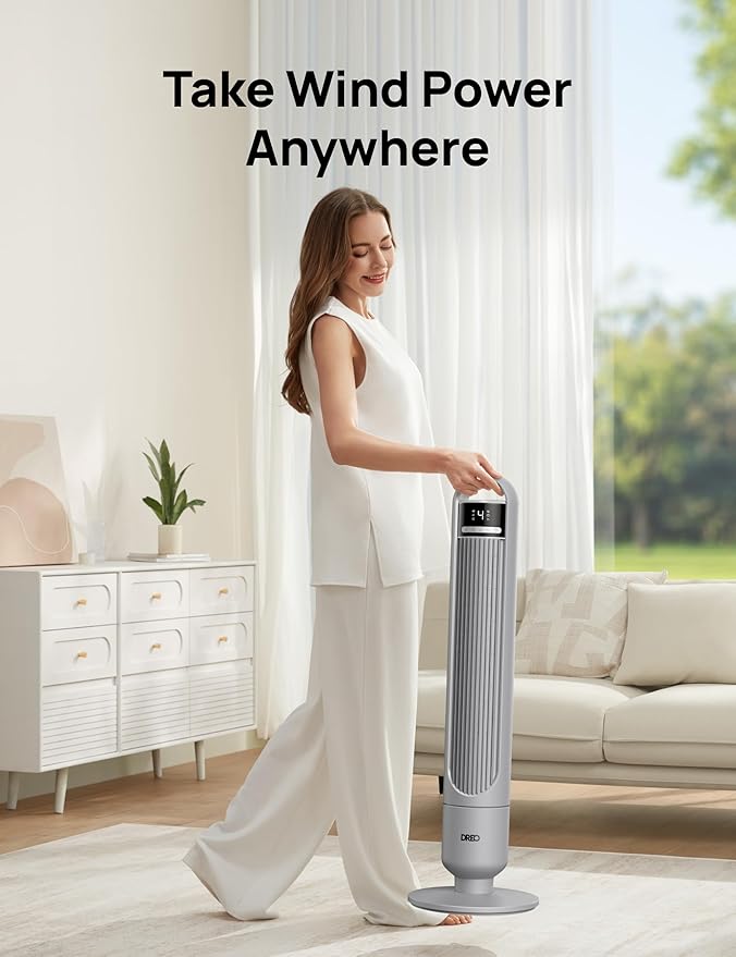 Dreo Tower Fan for Bedroom, 90° Oscillating Fan, Standing Fan with 3 Modes, 4 Speeds, 8H Timer Cooling Fans for Home, Living Room, Office, Grey, TF117-Ruum Studio Home
