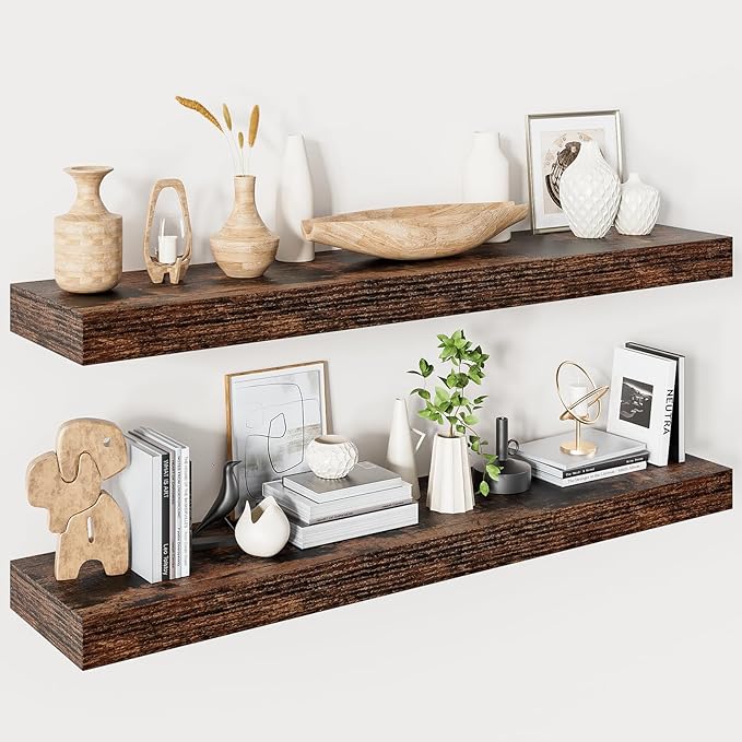 Heimlove 40 Inches Floating Shelves for Wall,9.3" Deep Rustic Brown Long Floating Shelves Set of 2,Large Display Shelf & Storage Shelf,Wall Shelf for Bathroom Bedroom Living Room Kitchen Office-Ruum Studio Home
