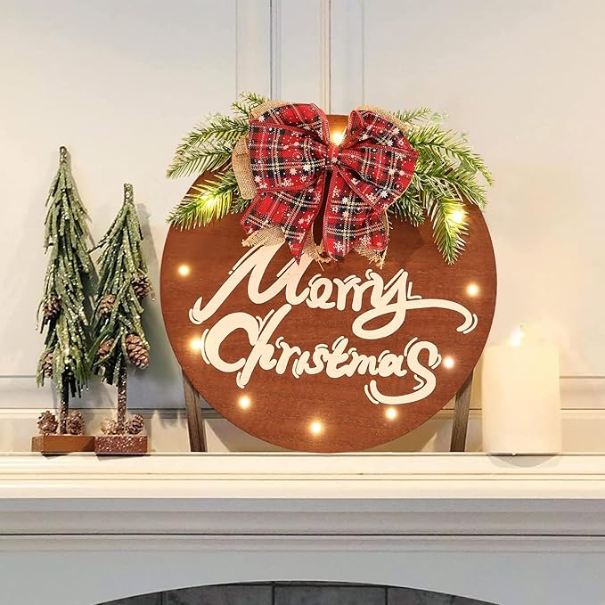 HOMCDALY Merry Christmas Sign for Front Door, Wooden Hanging Sign Door Decoration with 12 LED Light, Winter Welcome Wreath indoor outdoor Décor, Christmas Decoration.-Ruum Studio Home