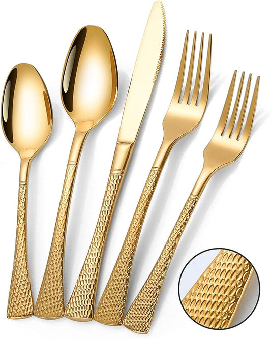 Hammered Gold Silverware Set for 8,Stainless Steel 40-Piece Modern Cutlery Set,Mirror Polished Heavy Duty Flatware Set Utensil Set,Knives Spoons and Forks Set,Dishwasher Safe-Ruum Studio Home