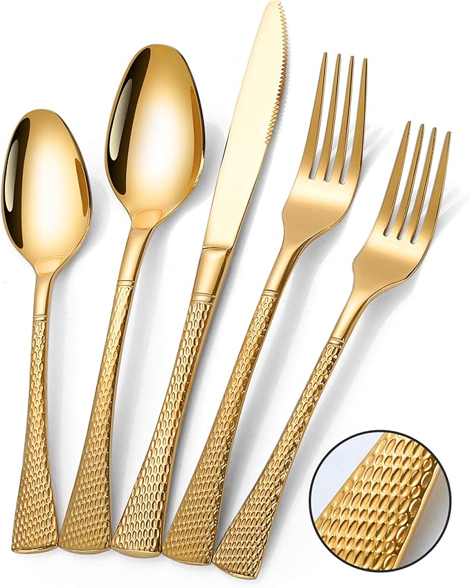 Hammered Gold Silverware Set,20 Piece Modern Flatware Set Service for 4,Mirror Polished Stainless Steel Cutlery Set Utensil Set Tableware Set,Kitchen Knives Forks Spoons Set,Dishwasher Safe-Ruum Studio Home