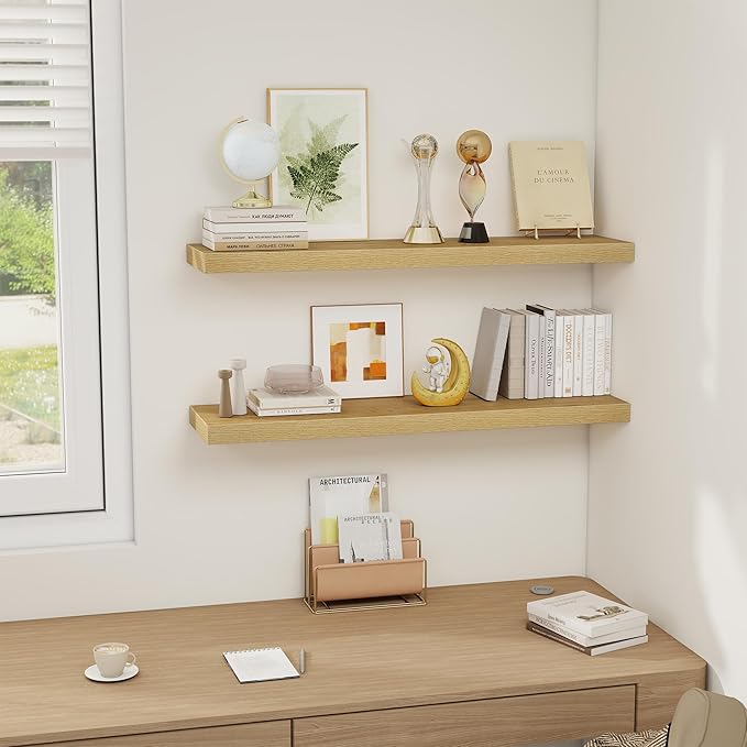 Fun Memories 36 x 8 Inch Floating Shelves for Wall, Farmhouse Bathroom Shelves Set of 2, Wood Wall Shelves 36 Inch Long, 36 x 8 x 1.4 Inch, Oak Color-Ruum Studio Home