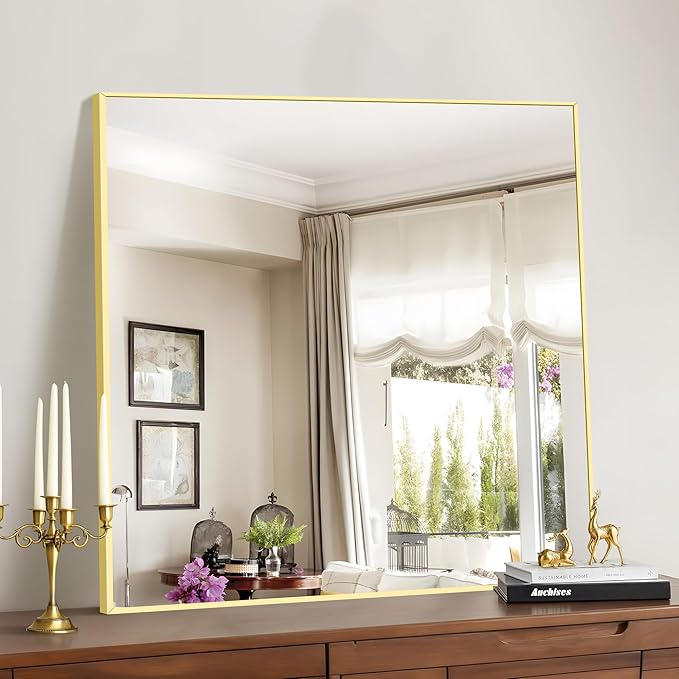 Gold Bathroom Mirror for Wall, 30x30 Inch Rectangle Mirrors with Metal Frame, Modern Vanity Wall Mirror Decor for Bathroom Living Room, Entryway Hangs Horizontal or Vertical-Ruum Studio Home