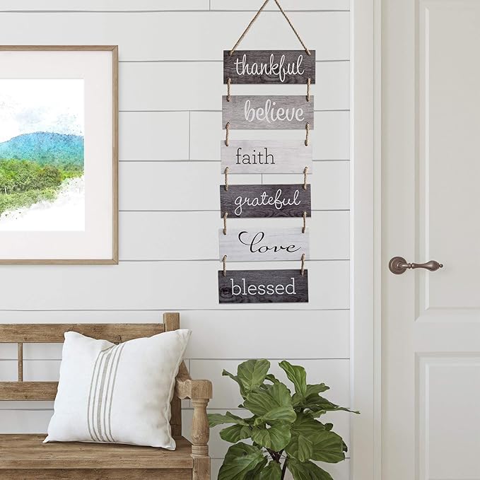 EXCELLO GLOBAL PRODUCTS Large Hanging Wall Sign: Rustic Wooden Decor (Grateful, Love, Believe, Thankful, Faith, Blessed) Hanging Wood Wall Decoration (11.75" x 32")-Ruum Studio Home
