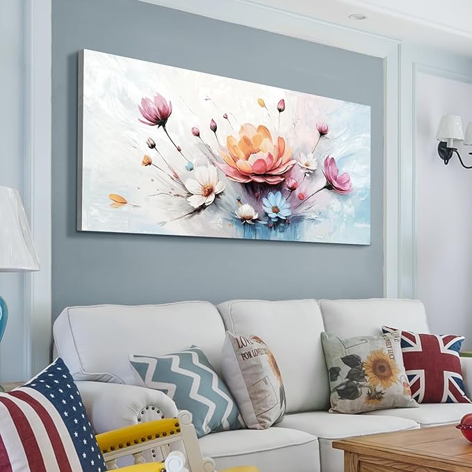 amatop Large Floral Wall Art – Modern Pink White and Blue Abstract Colorful Flower Bouquet Print Large Botanical Canvas Picture Nature Artwork Wall Decor for Living Room Bedroom Office 48x24 inch-Ruum Studio Home
