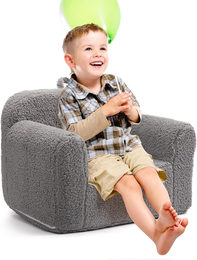 ALIMORDEN Kids Ultra-Soft Snuggle Foam Filled Chair, Toddler Cuddly Sherpa Reading Couch for Boys and Girls, Grey-Ruum Studio Home