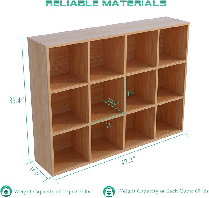 12-Cube Storage Shelf Bookcase - Wooden 3-Tier Floor Standing Open Bookshelf for Home and Office, Display Cabinet, Oak-Ruum Studio Home