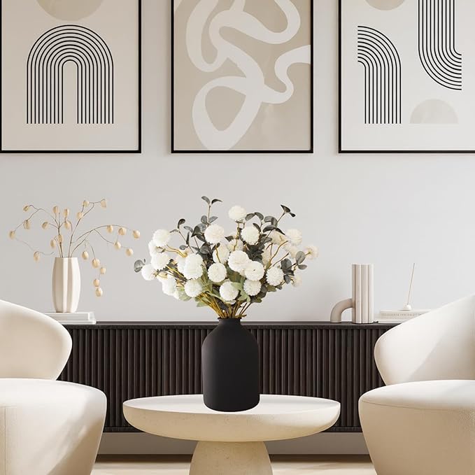 White Faux Flowers for Vase - Kiku 10 Stems & Eucalyptus, Fake Flowers Stems for Pottery Vase, Realistic Artificial Flowers, Pom Pom Balls for Aesthetic Room Decor, Floral Arrangements Centerpiece-Ruum Studio Home