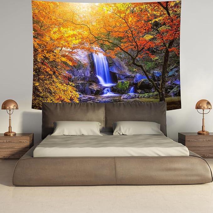 Delur Waterfall Tapestry Forest Nature Scenic Tree Mountain Sunset Tapestry Wall Hanging Natural Landscape Sunrise Headboard for Bedroom Living Room Home Decor (70.8" x 92.5")-Ruum Studio Home