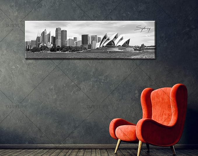 DJSYLIFE Sydney Skyline Wall Art Decor Canvas Print Black and White City Building Landscape Poster Australia Cityscape Modern Artwork Painting for Bedroom Office Home Decoration - 13.8" x 47.3"-Ruum Studio Home