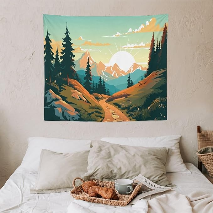 HZOHNAGO Mountain Tapestry Forest Mountain Sunrise Road Pattern Printed Wall Tapestry Wall Hanging for Bedroom Living Room Dorm 60" W x 50" H-Ruum Studio Home