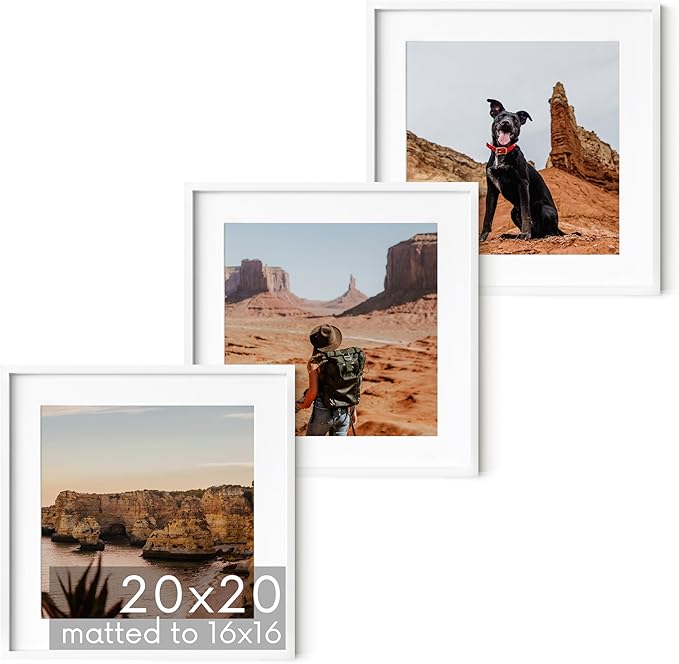HAUS AND HUES 20x20 White Metal Picture Frames Matted to 16x16 - Features Premium Aluminum & Hanging Hardware, Shatterproof Plexiglass - Ideal for Home, Room, Office (20x20 in, White, Set of 3)-Ruum Studio Home