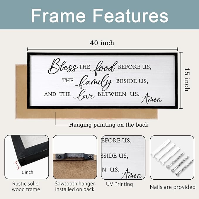 Bless the Food Before Us, the Family Beside Us, and the Love between us Framed Wall Art for Christian God Jesus Christ Prayer, 40''×15'' Positive Holy Religious Rustic Bible Verse for Dining Room-Ruum Studio Home