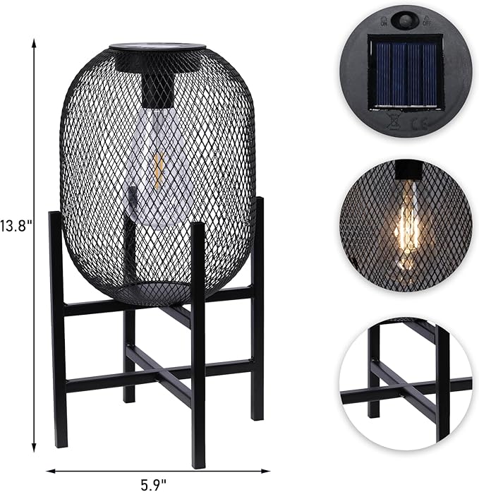 Solar Mesh Lantern Outdoor – 13.8" Tall Black Metal Patio Light with Edison Glass Bulb, Solar Powered Warm Glow LED, Waterproof IP65 for Garden, Porch, Deck, Tabletop Decor-Ruum Studio Home