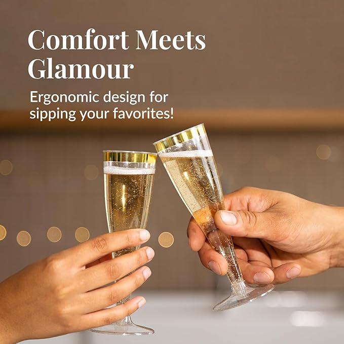 Prestee 48 Disposable Plastic Champagne Flutes with Gold Rim Glitter - Clear Toasting Glasses for Mimosa, New Year’s Eve Party, and Elegant Celebrations - Premium Quality Disposable Stemware-Ruum Studio Home