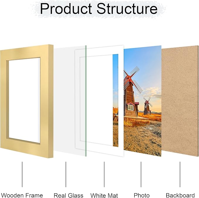 5x7 Picture Frame Set of 4, 5 x 7 Wood Photo Frames with Mat for 4x6, Wooden Frame with Real Glass Cover for Wall and Tabletop Display,Gold-Ruum Studio Home