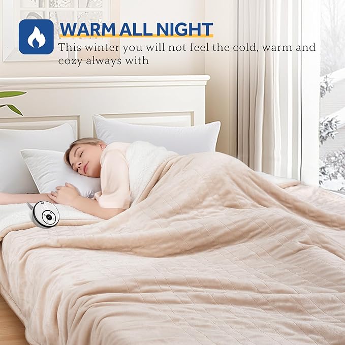 Sealy Electric Blanket Full Size 80"*84",Super Cozy Flannel to Sherpa Reversible Heated Blanket Full Size with 10 Heating Levels & 1-12 Hours Auto Off Overheating Protection Machine Washable, Beige-Ruum Studio Home