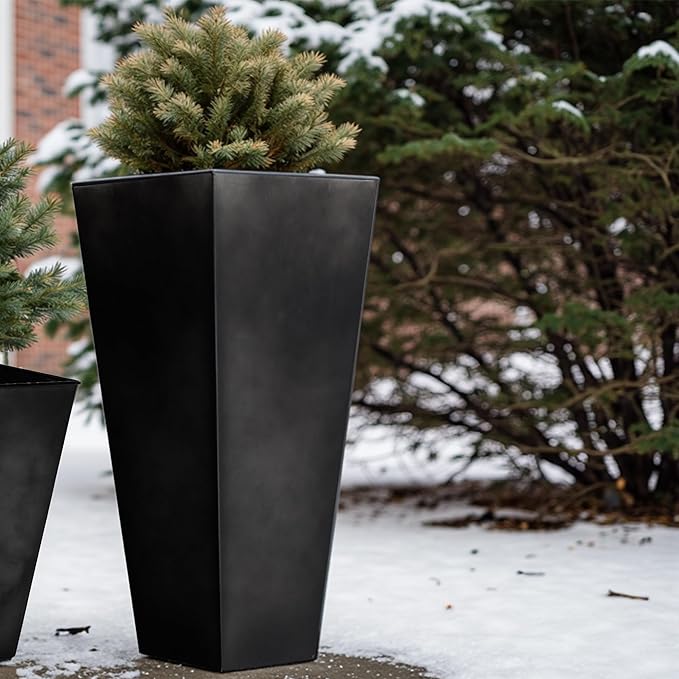WORTH Garden 25" Large Metal Glazed Planter Set of 2, Luxurious Glossy Finish Black Tall Square Tapered Steel Plant Pots, Decor Flower Pot Indoor & Outdoor, Drainage Hole & Dual-Purpose Plant Saucer-Ruum Studio Home