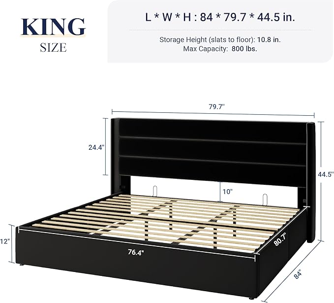 Allewie King Size Velvet Lift Up Storage Bed, Modern Wingback Headboard, Hydraulic Support, No Box Spring Needed, Black-Ruum Studio Home